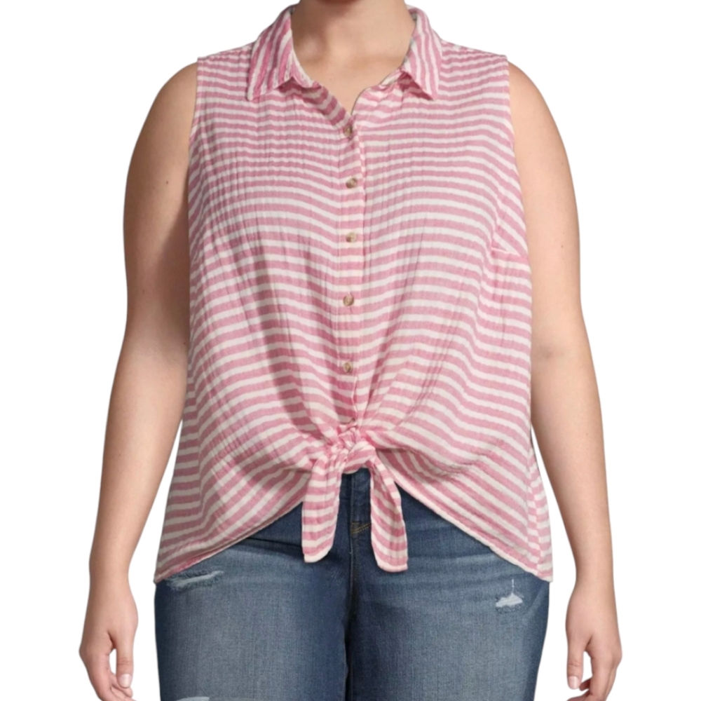 Terra & Sky Double Cloth Cotton Tie & Button Front Striped Pink Top Women's 1X